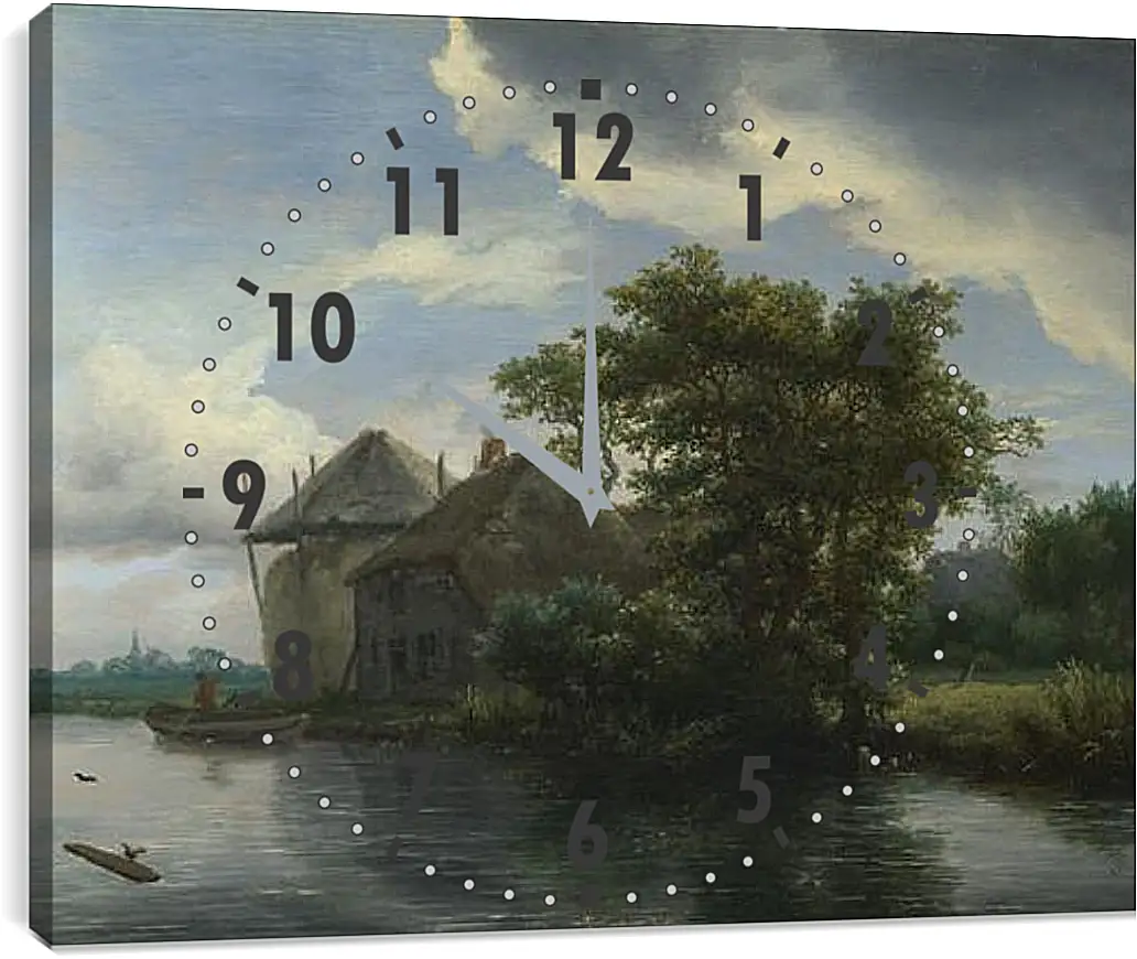 Часы картина - A Cottage and a Hayrick by a River. Якоб ван Рейсдал