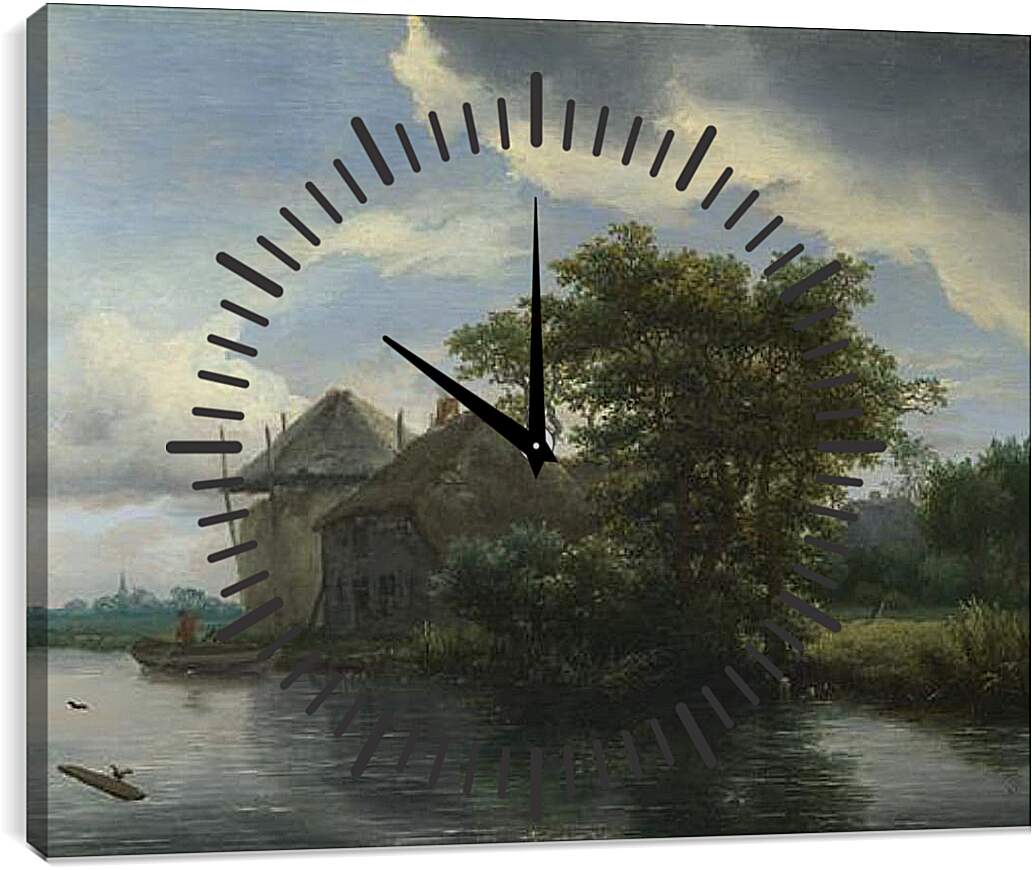 Часы картина - A Cottage and a Hayrick by a River. Якоб ван Рейсдал
