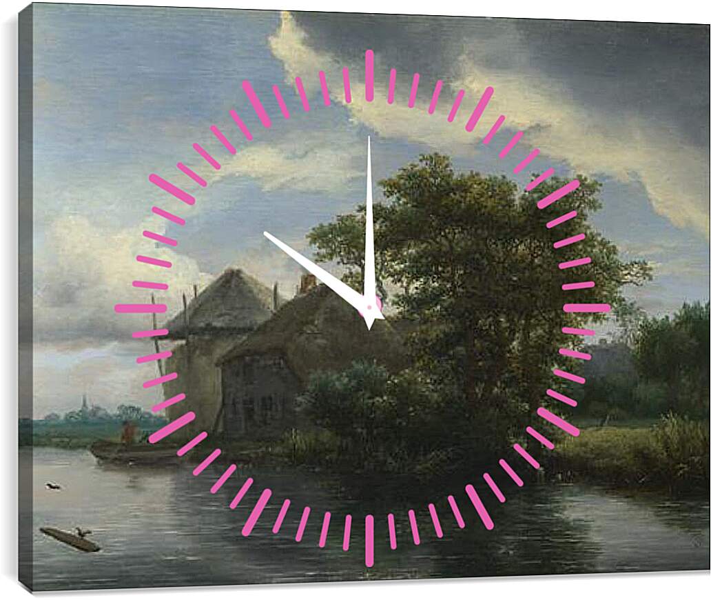 Часы картина - A Cottage and a Hayrick by a River. Якоб ван Рейсдал