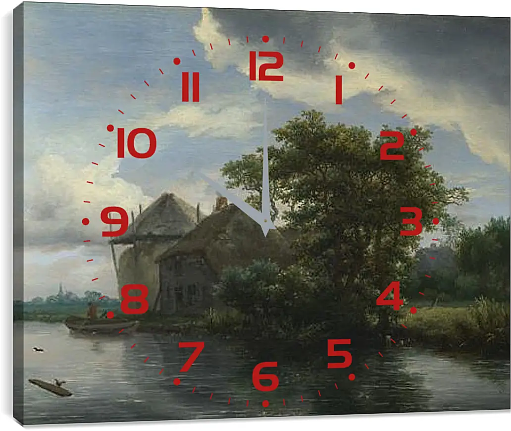 Часы картина - A Cottage and a Hayrick by a River. Якоб ван Рейсдал