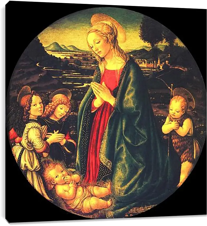 Постер и плакат - Virgin adoring the child, surrounded by St. John the Baptist and two angels. Сандро Боттичелли