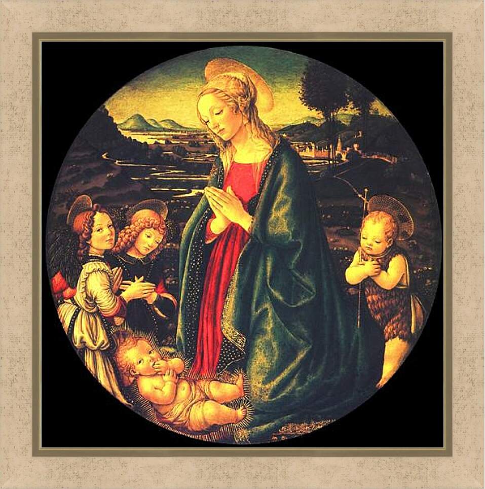 Картина в раме - Virgin adoring the child, surrounded by St. John the Baptist and two angels. Сандро Боттичелли