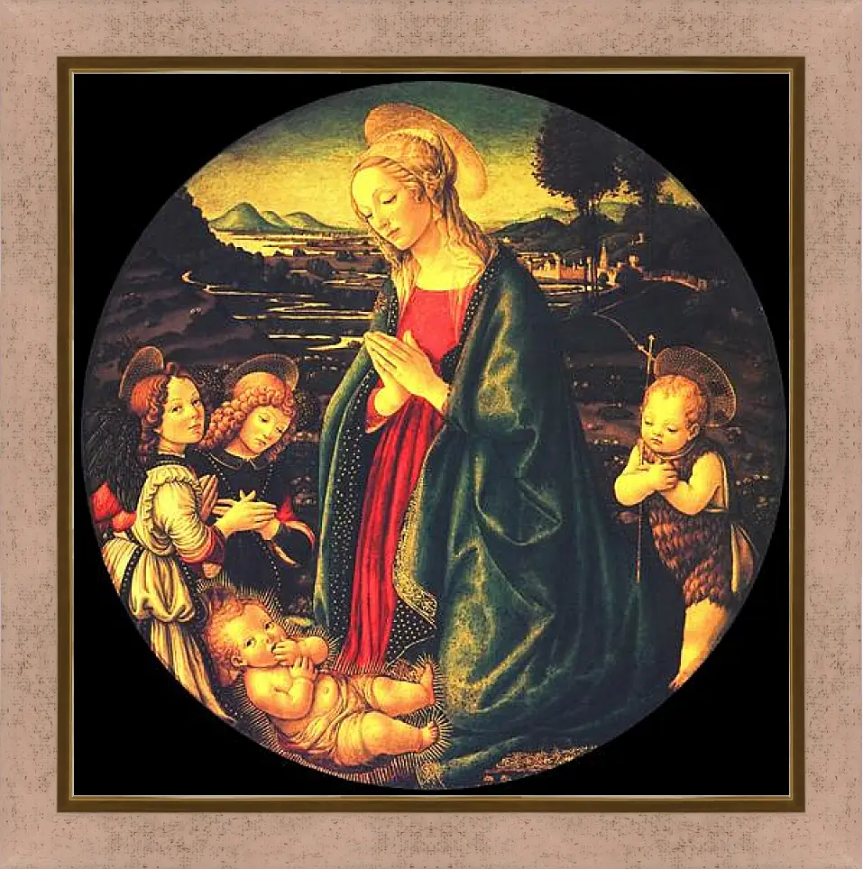 Картина в раме - Virgin adoring the child, surrounded by St. John the Baptist and two angels. Сандро Боттичелли