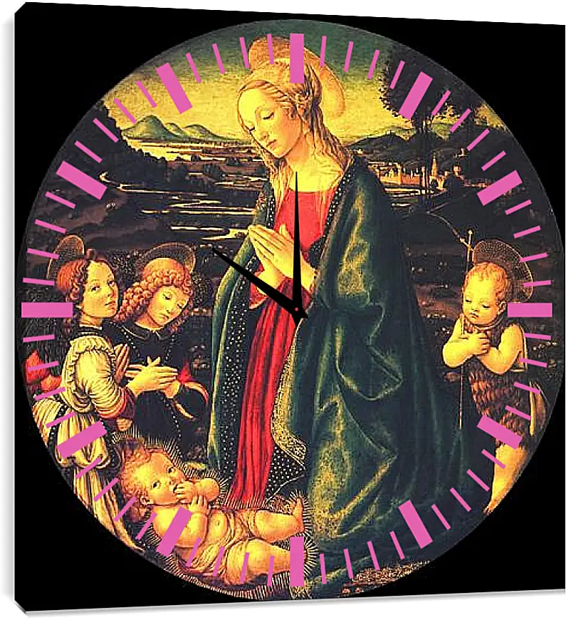 Часы картина - Virgin adoring the child, surrounded by St. John the Baptist and two angels. Сандро Боттичелли