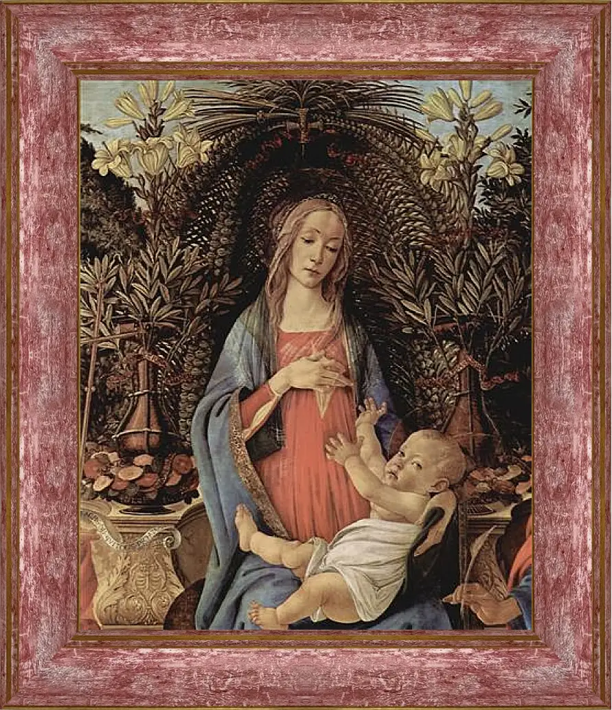 Картина в раме - Bardi altar, throne end of Madonna, Johannes of the Taeufer and Johannes of the EH gelist, detail Maria and Christuskind. Сандро Боттичелли