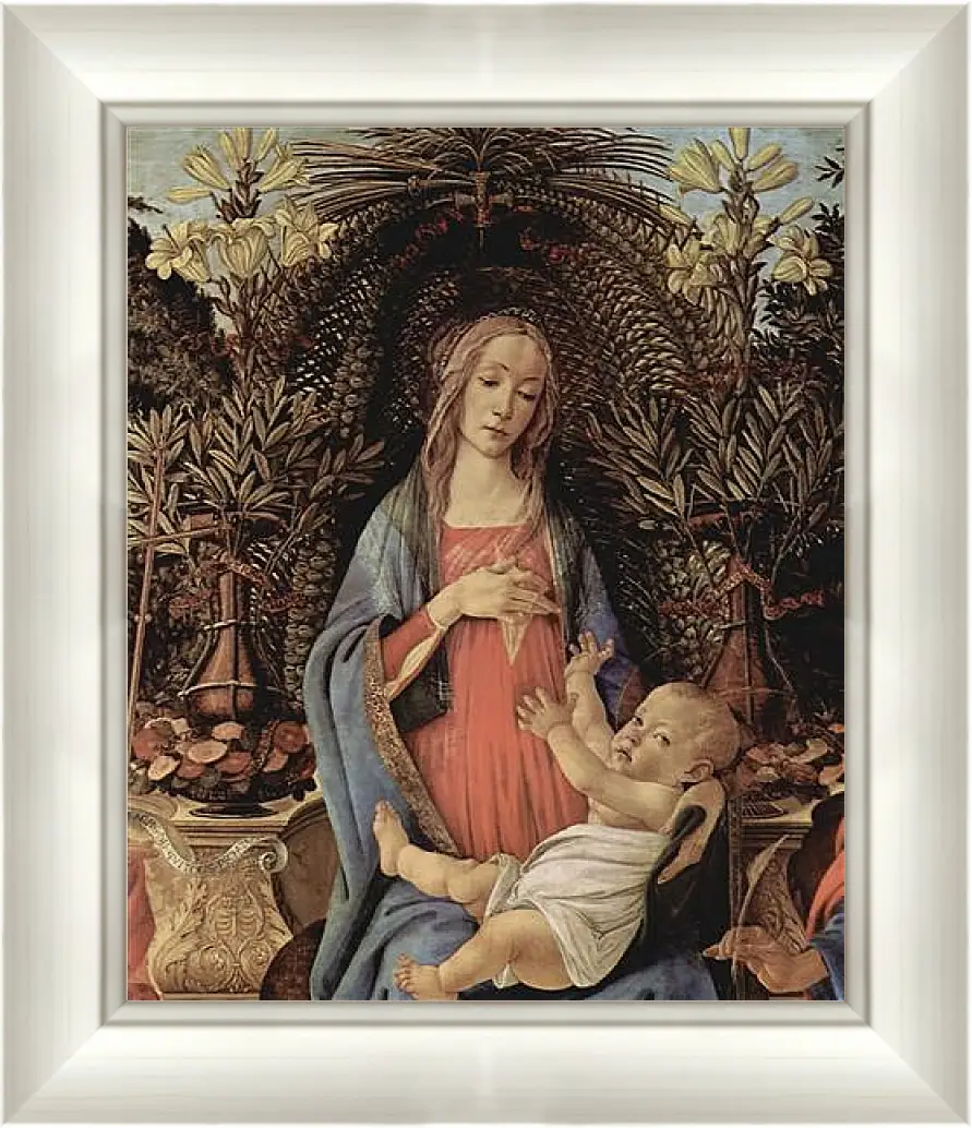 Картина в раме - Bardi altar, throne end of Madonna, Johannes of the Taeufer and Johannes of the EH gelist, detail Maria and Christuskind. Сандро Боттичелли