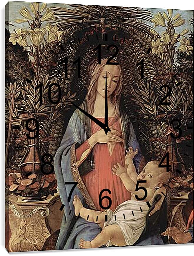 Часы картина - Bardi altar, throne end of Madonna, Johannes of the Taeufer and Johannes of the EH gelist, detail Maria and Christuskind. Сандро Боттичелли