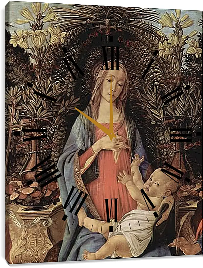 Часы картина - Bardi altar, throne end of Madonna, Johannes of the Taeufer and Johannes of the EH gelist, detail Maria and Christuskind. Сандро Боттичелли