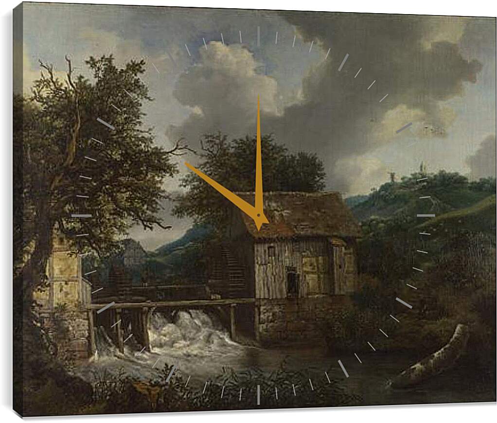 Часы картина - Two Watermills and an Open Sluice at Singraven. Якоб ван Рейсдал
