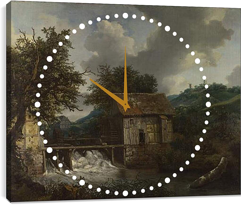 Часы картина - Two Watermills and an Open Sluice at Singraven. Якоб ван Рейсдал
