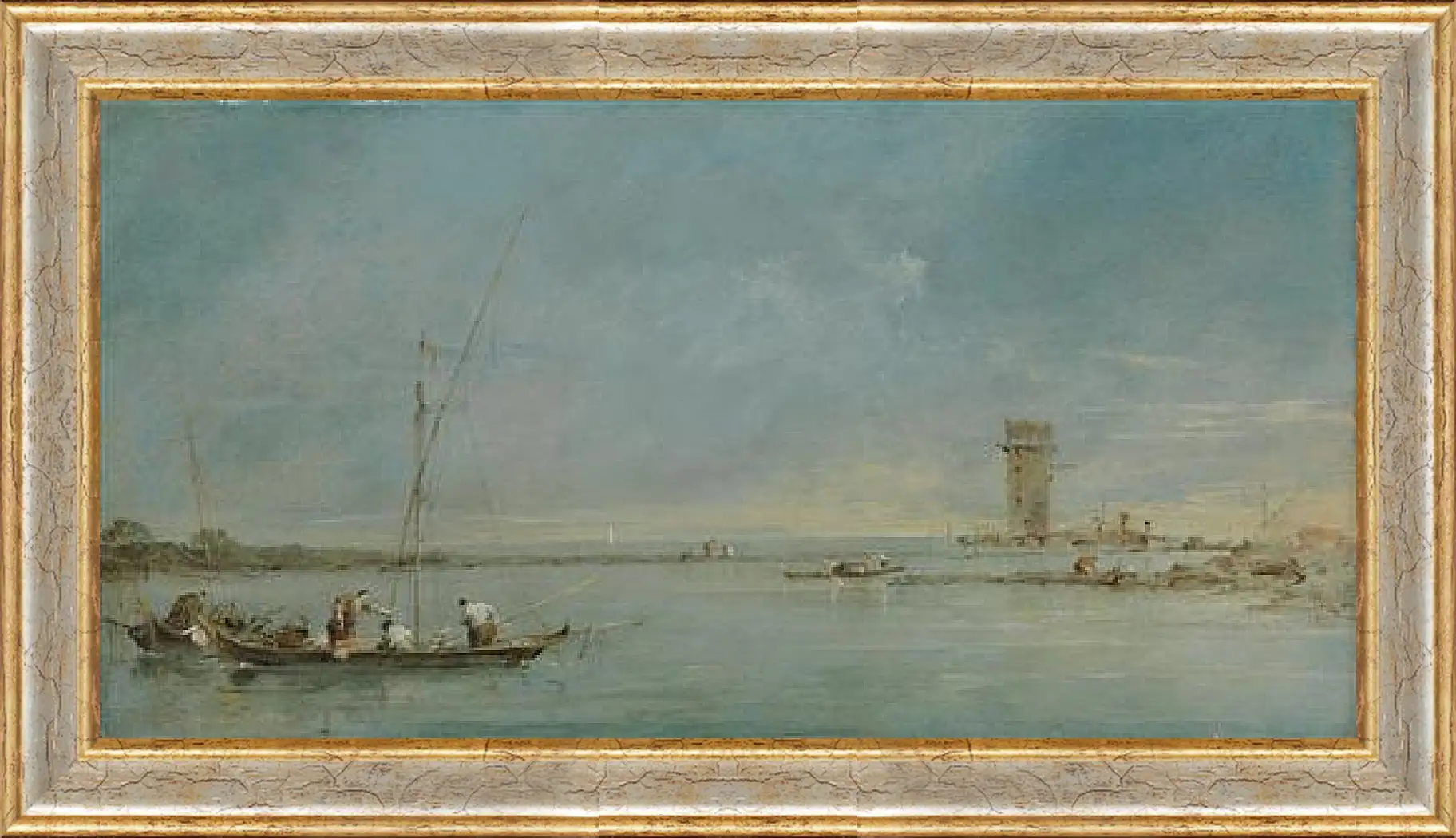 Картина в раме - View of the Venetian Lagoon with the Tower of Malghera. Франческо Гварди