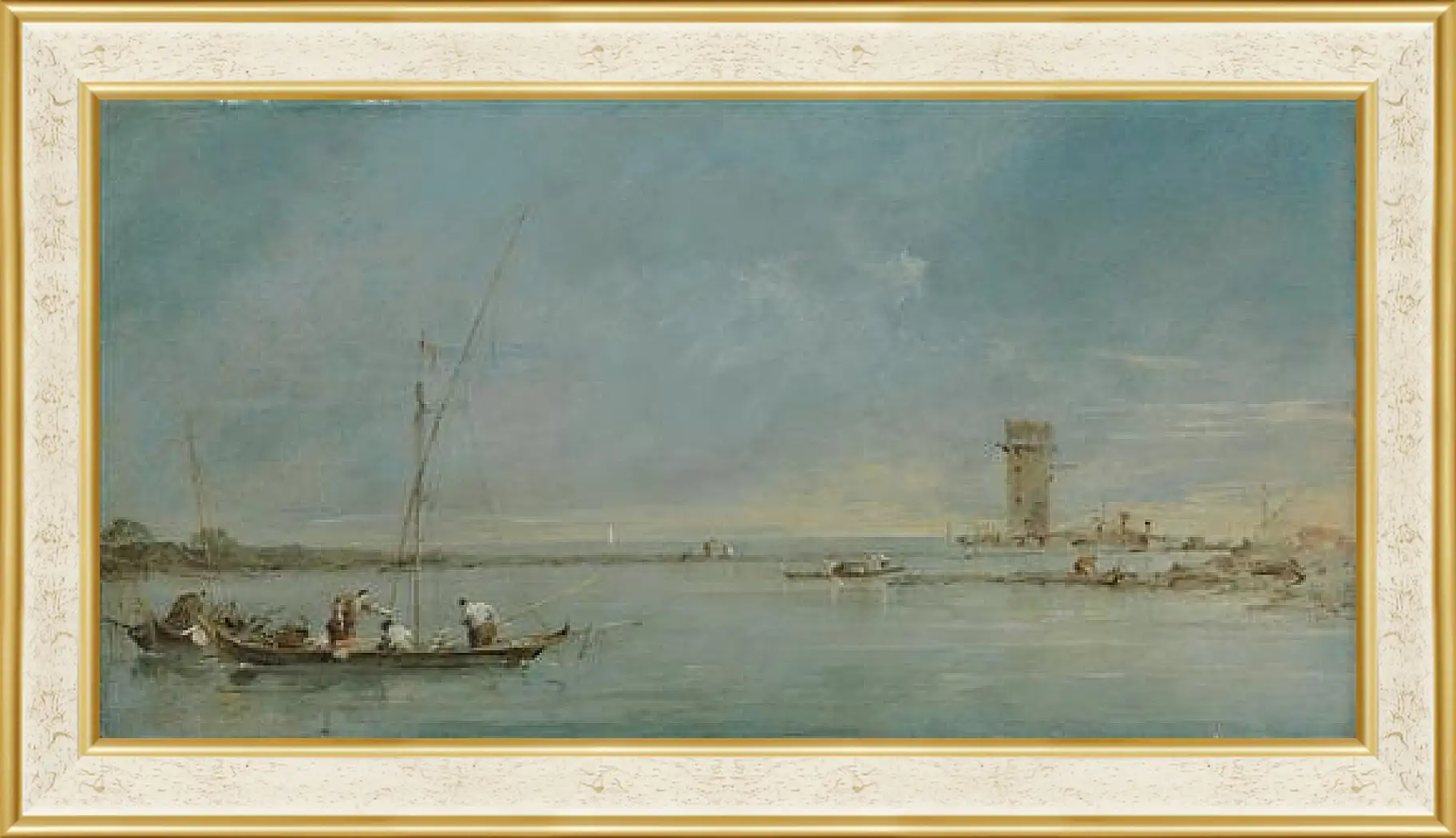 Картина в раме - View of the Venetian Lagoon with the Tower of Malghera. Франческо Гварди