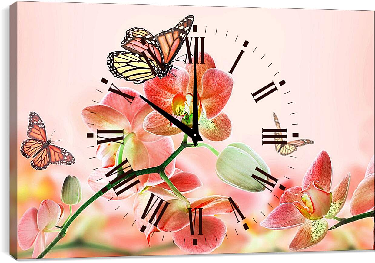 Часы картина - Орхидеи и бабочки