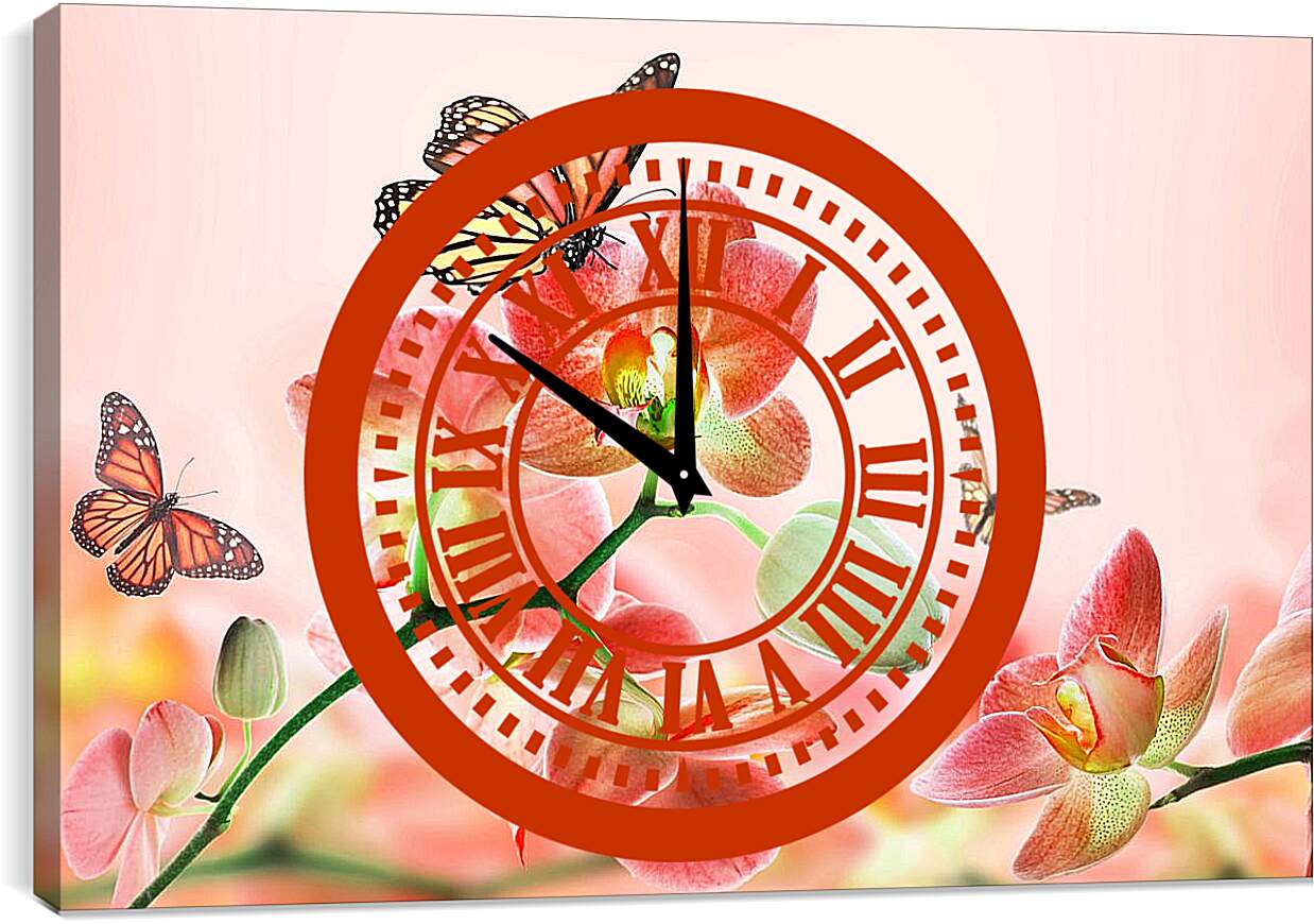 Часы картина - Орхидеи и бабочки