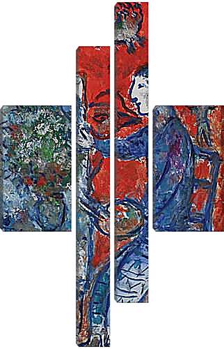 Модульная картина - PEINTRE AU DOUBLE-PROFIL SUR FOND ROUGE. Марк Шагал