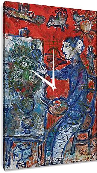 Часы картина - PEINTRE AU DOUBLE-PROFIL SUR FOND ROUGE. Марк Шагал