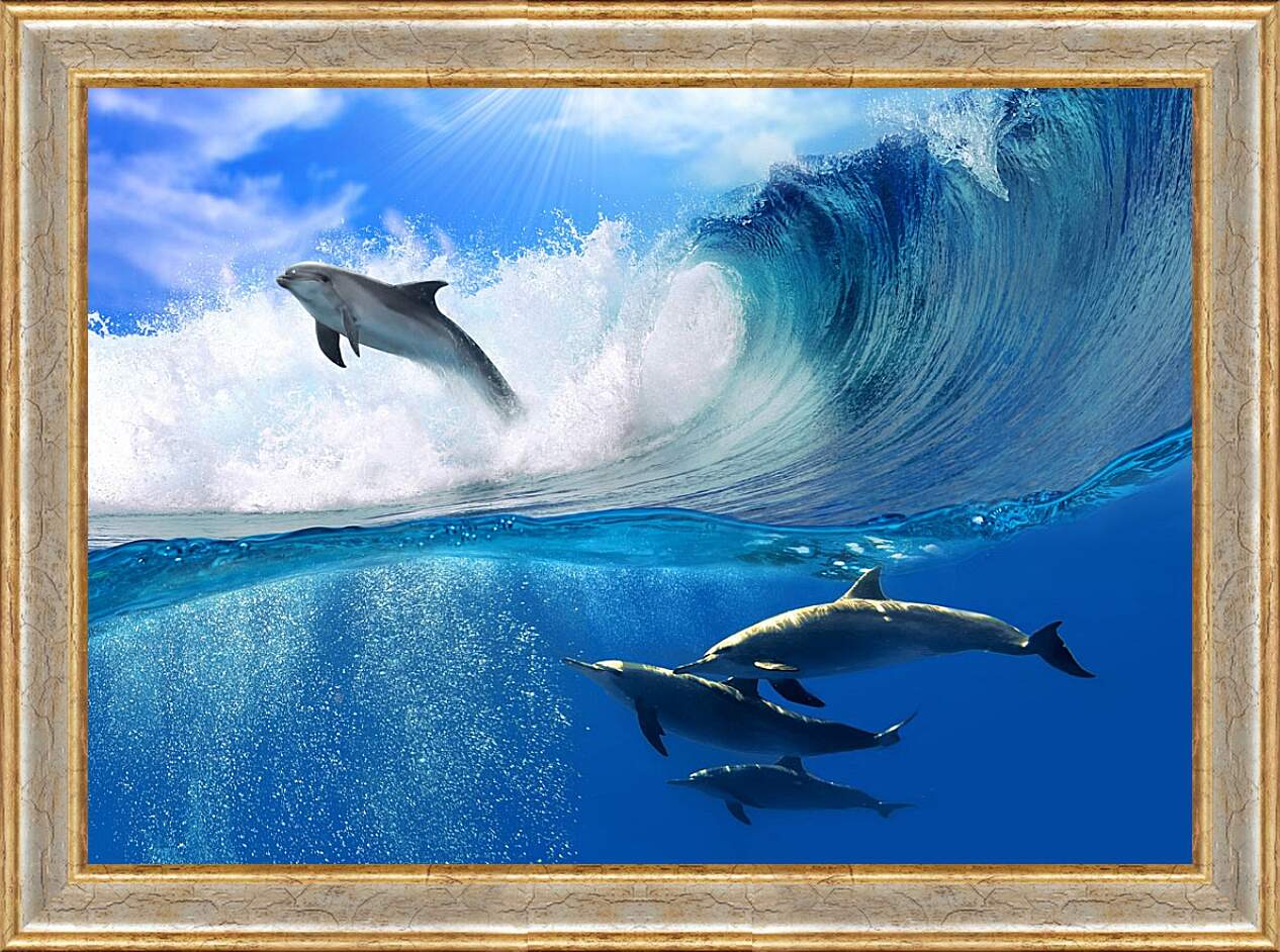 Картина в раме - Дельфины в море