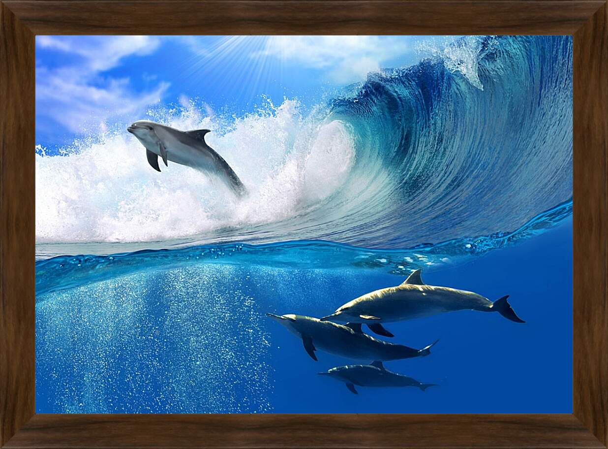 Картина в раме - Дельфины в море