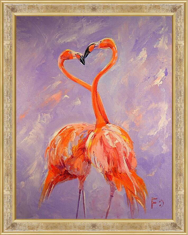 Картина в раме - Фламинго в форме сердечка