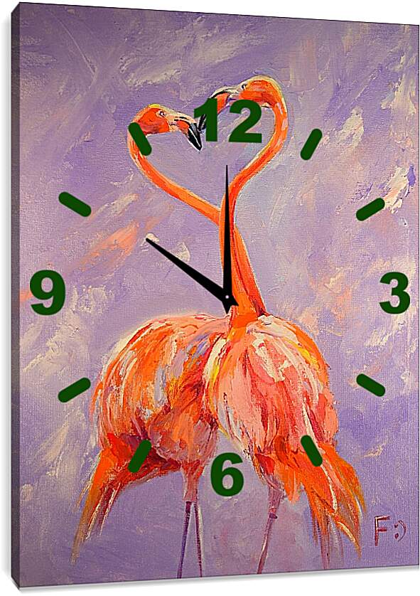 Часы картина - Фламинго в форме сердечка