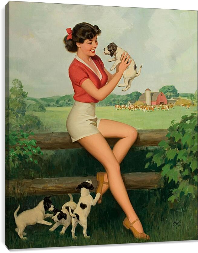 Постер и плакат - Девушка с щенками (стиль пин ап)