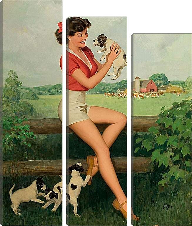 Модульная картина - Девушка с щенками (стиль пин ап)