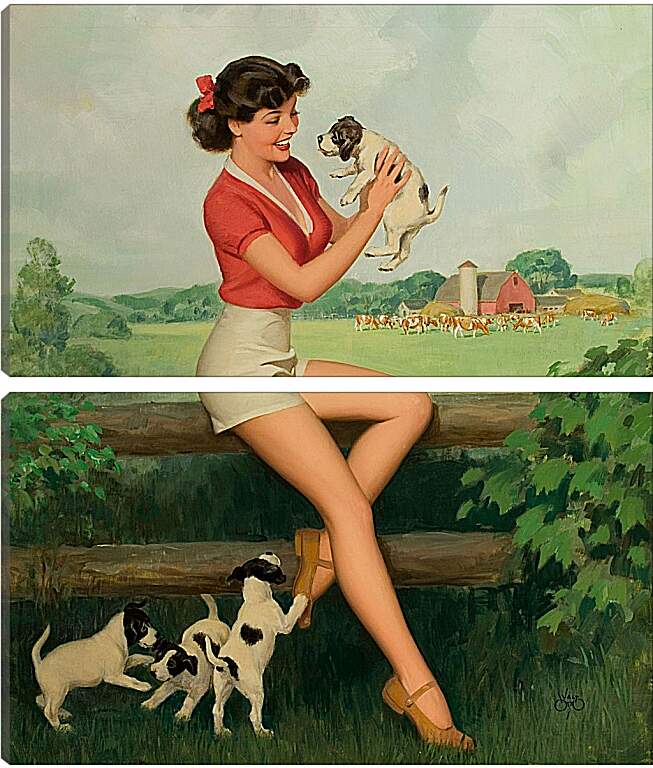Модульная картина - Девушка с щенками (стиль пин ап)