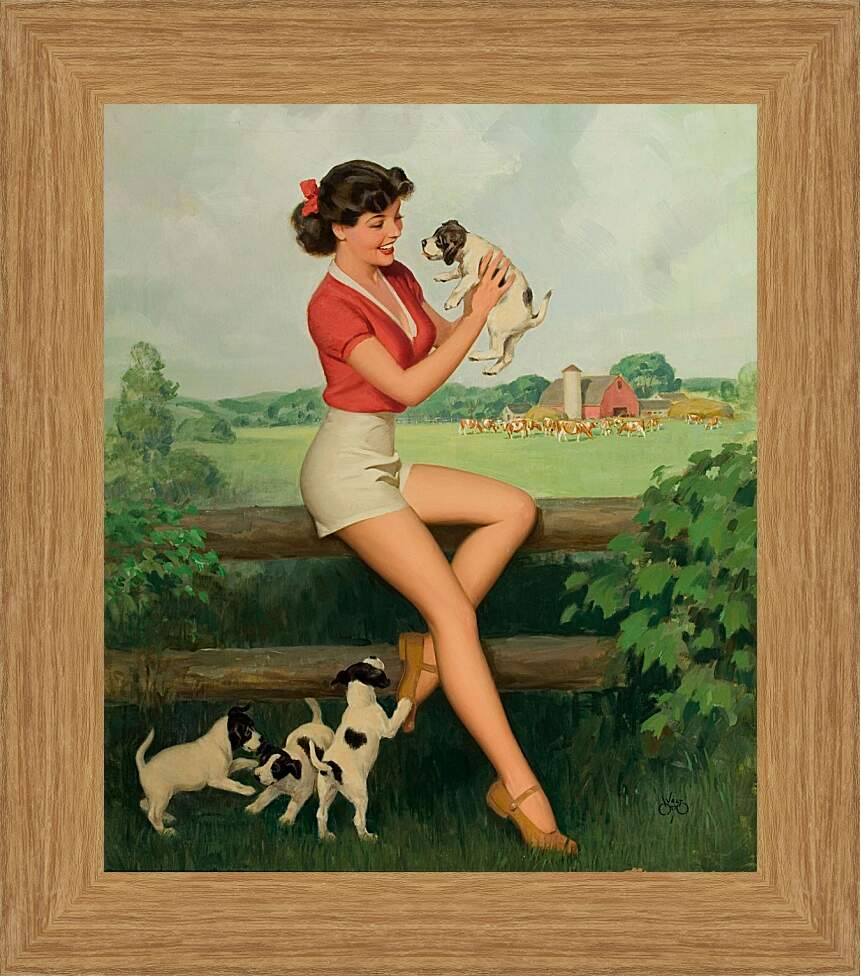 Картина в раме - Девушка с щенками (стиль пин ап)