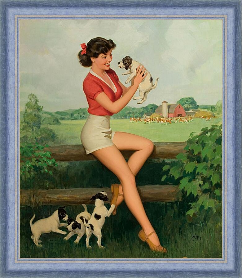 Картина в раме - Девушка с щенками (стиль пин ап)