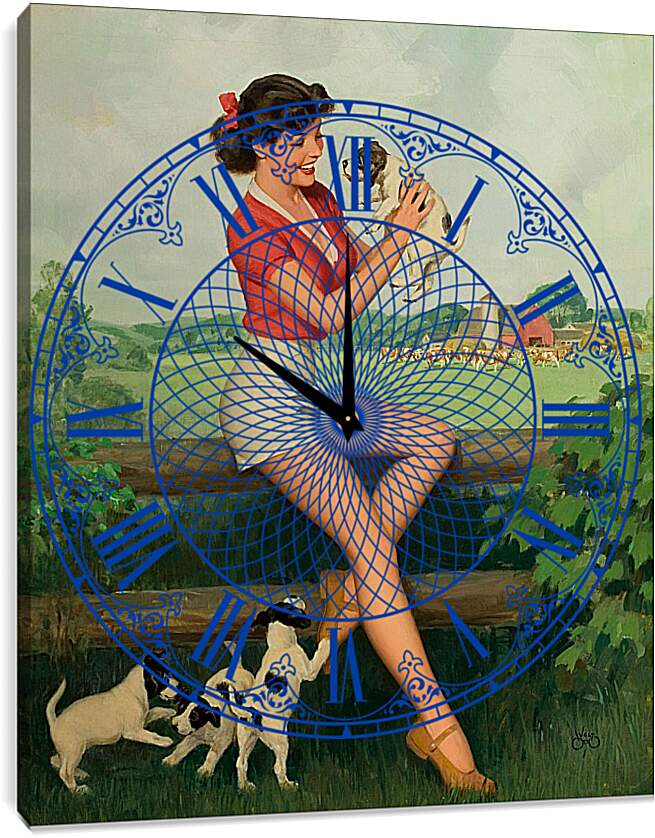 Часы картина - Девушка с щенками (стиль пин ап)
