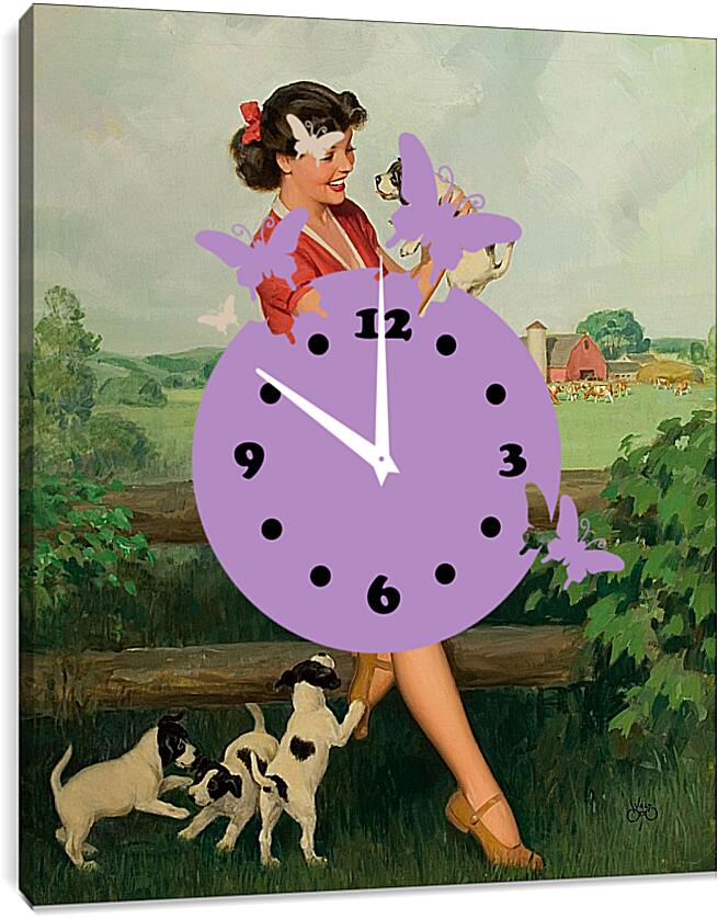 Часы картина - Девушка с щенками (стиль пин ап)