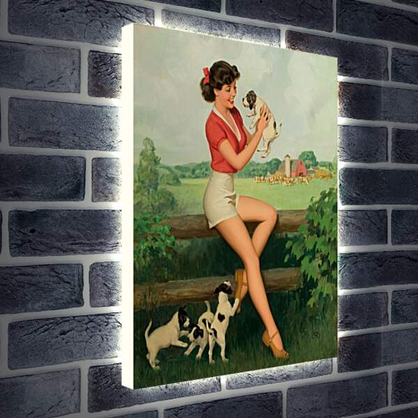 Лайтбокс световая панель - Девушка с щенками (стиль пин ап)