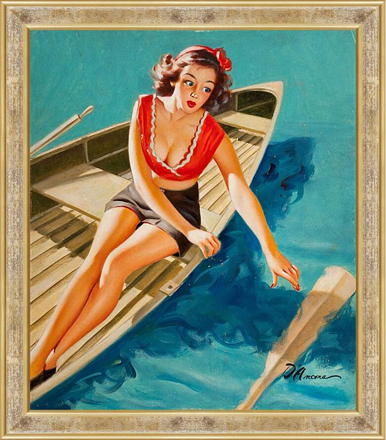 Картина в раме - Девушка в лодке (стиль пин ап)