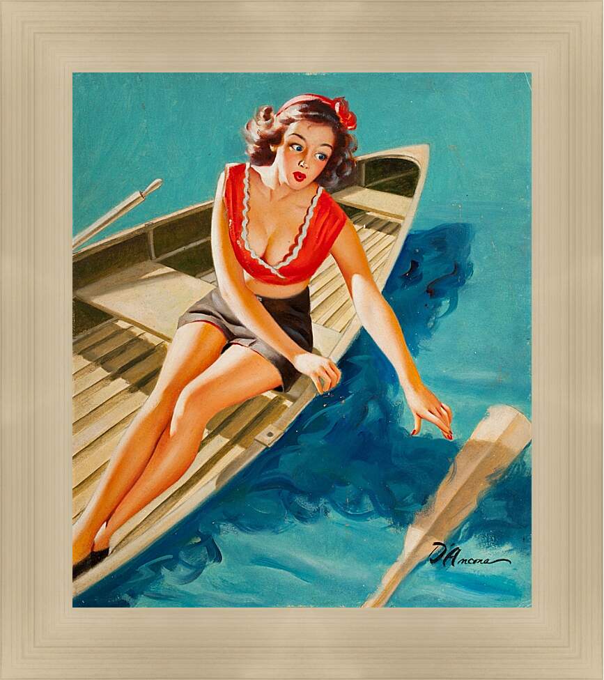 Картина в раме - Девушка в лодке (стиль пин ап)