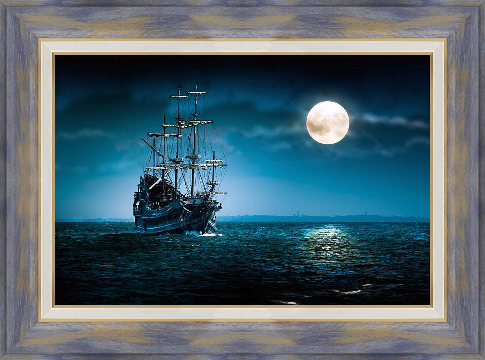 Картина в раме - Корабль под луной