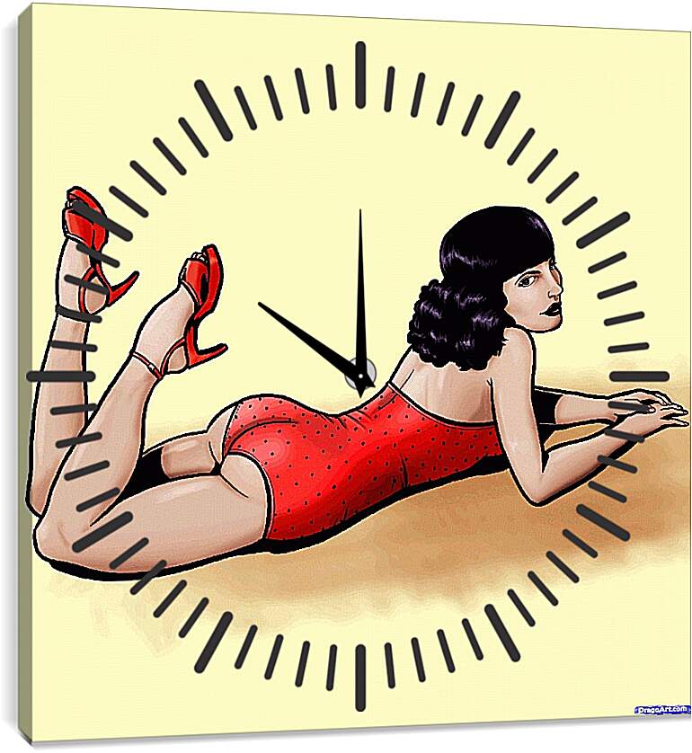 Часы картина - Девушка в красном купальнике (стиль пин ап)