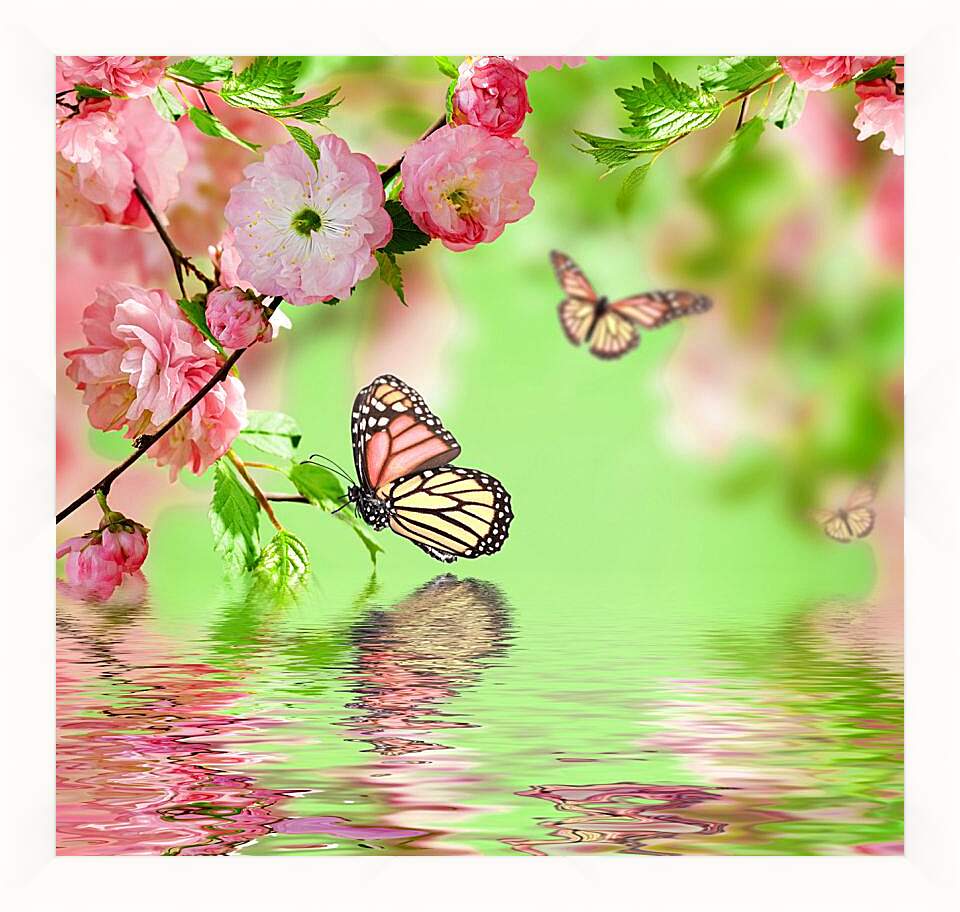 Картина в раме - Бабочки над водой