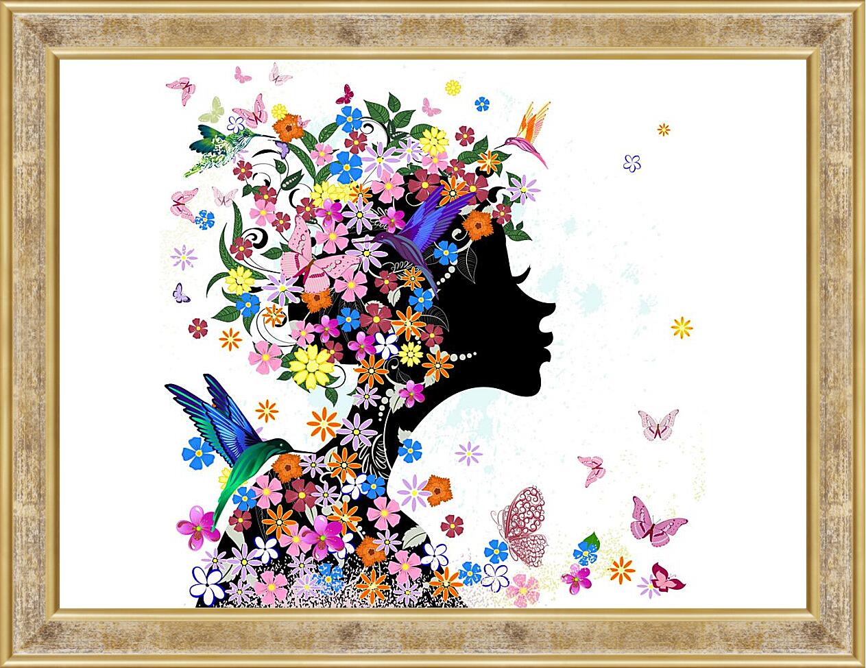 Картина в раме - Девушка с цветами