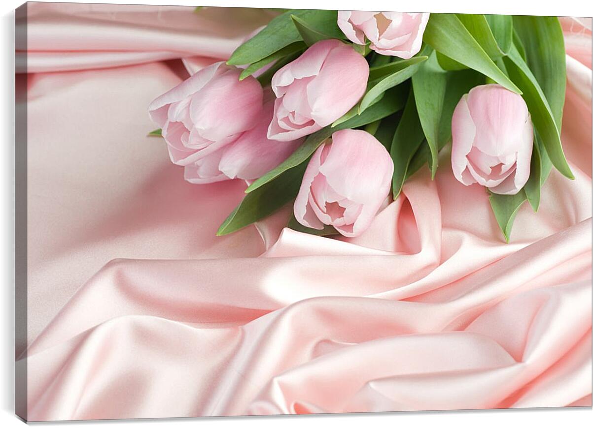 Постер и плакат - Нежные тюльпаны на розовом шелке