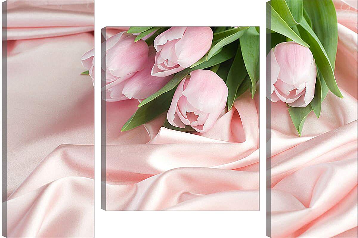 Модульная картина - Нежные тюльпаны на розовом шелке