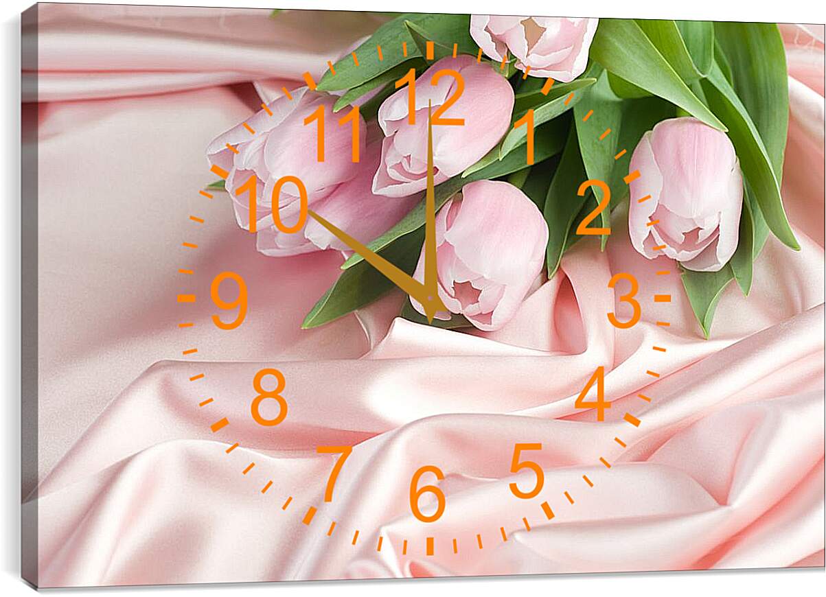 Часы картина - Нежные тюльпаны на розовом шелке