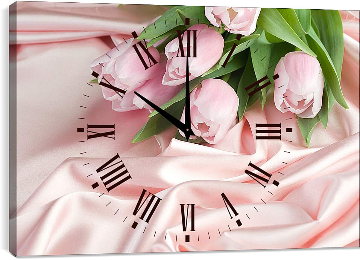 Часы картина - Нежные тюльпаны на розовом шелке
