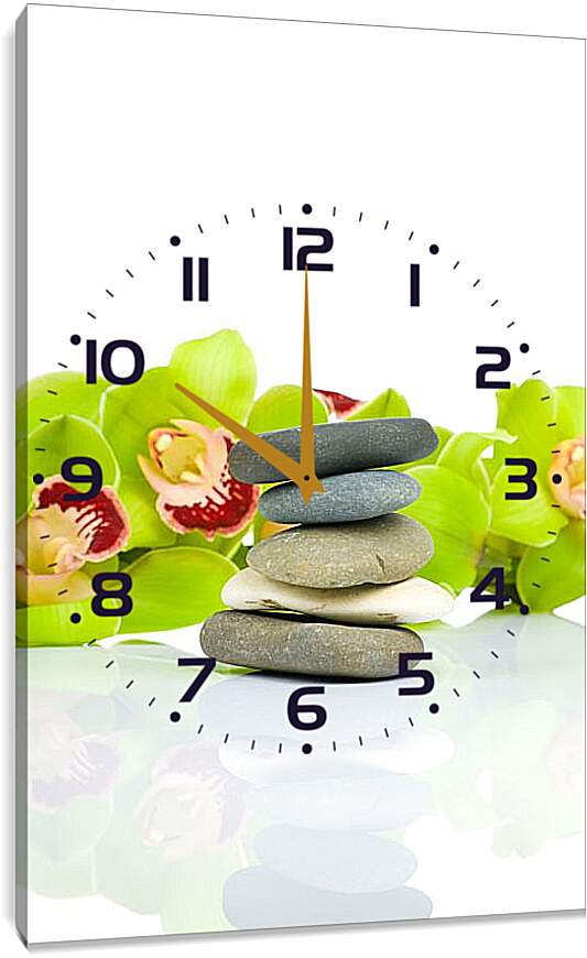 Часы картина - Зеленые цветы и камни