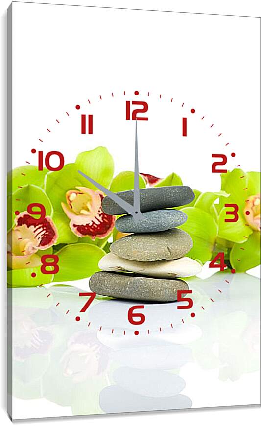 Часы картина - Зеленые цветы и камни
