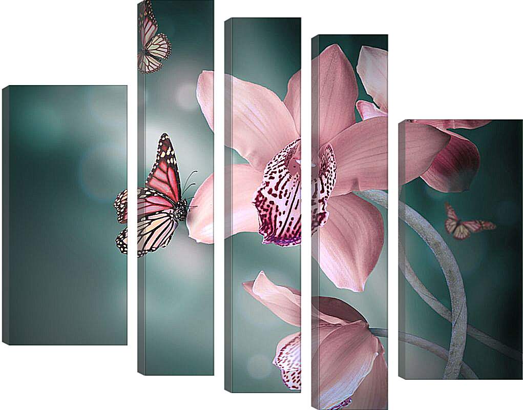 Модульная картина - Нежно-розовые цветы и бабочки
