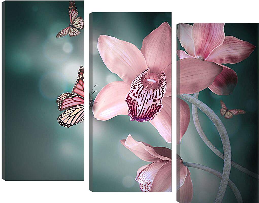 Модульная картина - Нежно-розовые цветы и бабочки