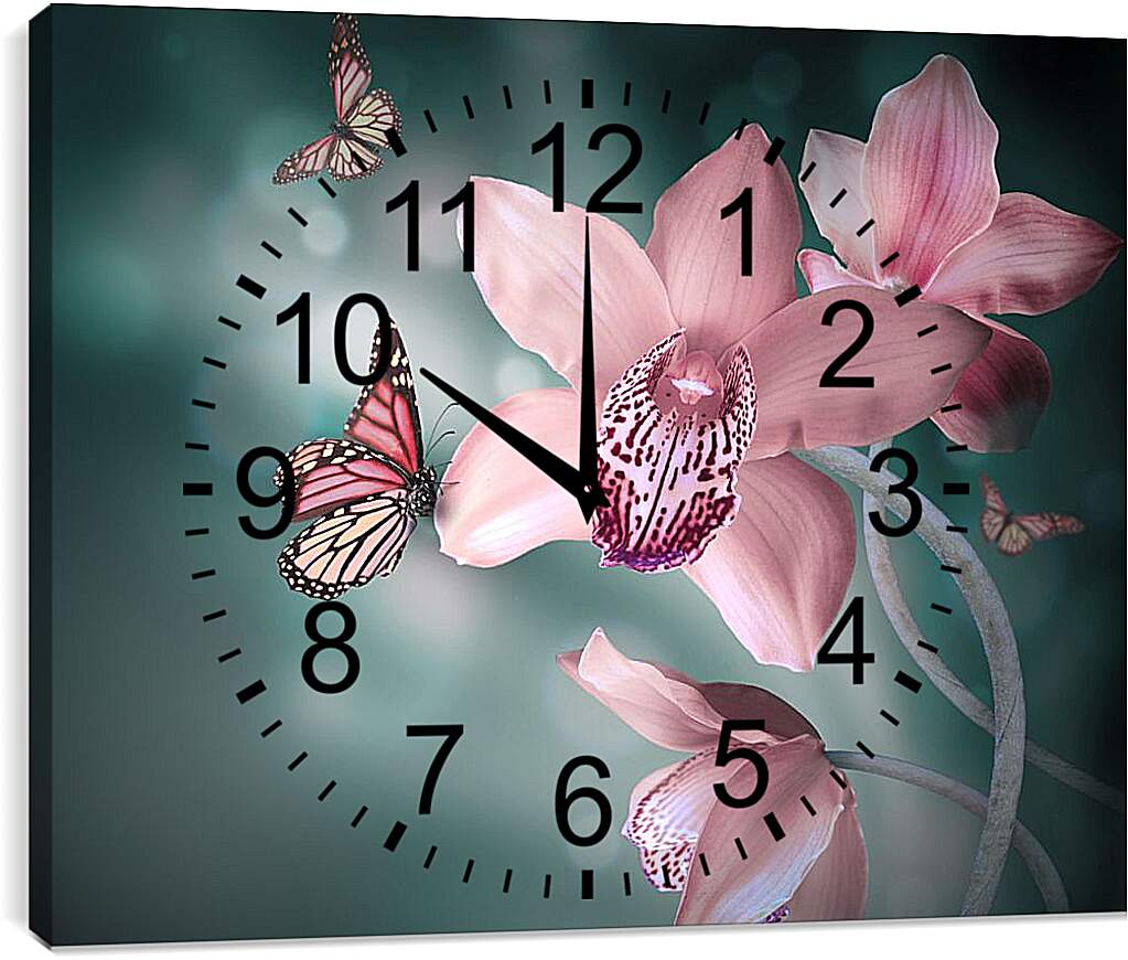 Часы картина - Нежно-розовые цветы и бабочки
