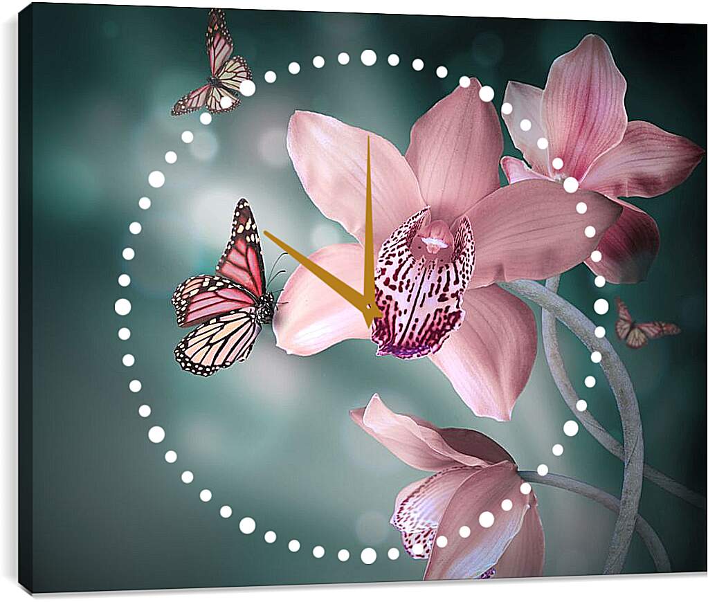 Часы картина - Нежно-розовые цветы и бабочки