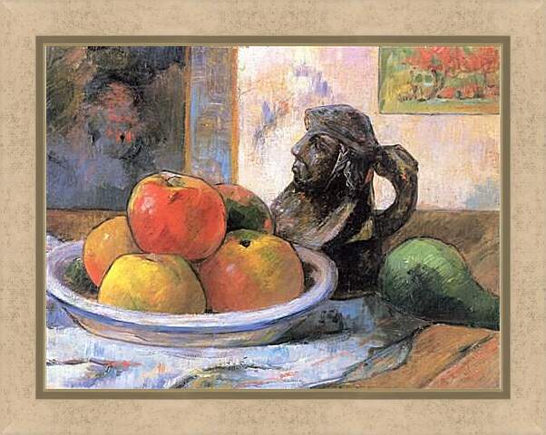 Картина в раме - Still Life with Apples, a Pear, and a Ceramic Portrait Jug. Поль Гоген