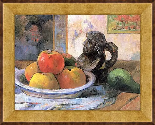 Картина в раме - Still Life with Apples, a Pear, and a Ceramic Portrait Jug. Поль Гоген